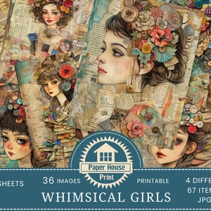 Ragazze stravaganti, pagine di tecniche miste, effimeri stravaganti, carte di giornale stravaganti, carte ATC, pacchetto di carta per collage, FOGLI STAMPABILI