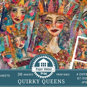 Immagini di sfondo colorate di Whimsical Queens, Quirky Queens Junk Journal, Whimsical Girls with Crown, file JPEG stampabili, pagina Junk Journal