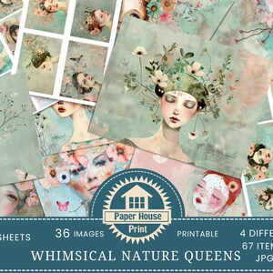 Carta per diario Whimsical Nature Queens Junk, carta per tecniche miste Whimsical Girls, donne stravaganti, arte digitale, biglietti ATC, formato biglietto d'invito