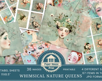 Whimsical Nature Queens Junk Journal Papers, Whimsical Girls Mixed Media Paper, Donne eccentriche, Arte digitale, Carte ATC, Dimensioni biglietto d'invito