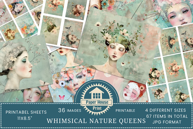 Whimsical Nature Queens Junk Journal Papers, Whimsical Girls Mixed Media Paper, Donne eccentriche, Arte digitale, Carte ATC, Dimensioni biglietto d'invito immagine 1