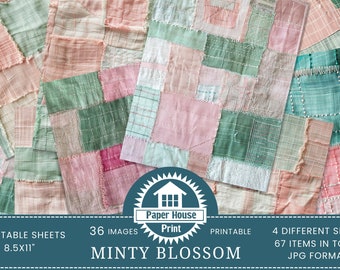 Minty Blossom: Minty Pink Linen Patchwork Background Images, Scrapbook images, Linen Fabric texture, Linen Digital Papers, Fabric Print