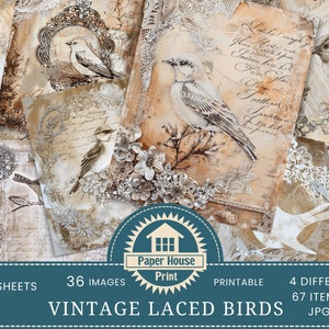 Pagine di diario vintage con uccelli allacciati, confezione di carta digitale, forniture per diario, motivi floreali decorati con pizzo invecchiato grunge, confezione di carta per diario