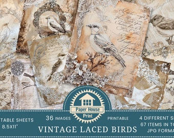 Vintage Laced birds Junk Journal Pages, Digital Paper Pack, Journal Supplies, Grunge Aged Lace Embellished Floral Motifs, Journal Paper Pack