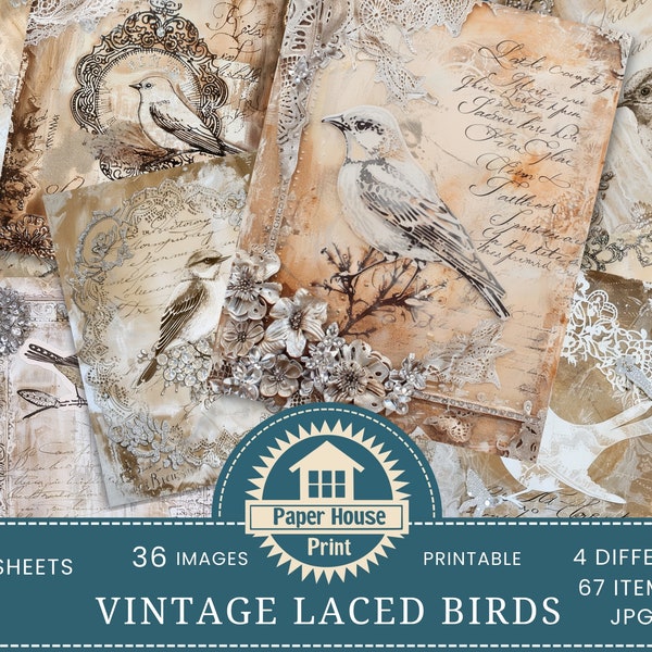 Vintage Laced birds Junk Journal Pages, Digital Paper Pack, Journal Supplies, Grunge Aged Lace Embellished Floral Motifs, Journal Paper Pack