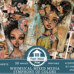 Symphony of Colors Whimsical Afro Girls Pagine del diario spazzatura, Effimere stravaganti, Carte del diario spazzatura stravaganti, Carte digitali stravaganti Ragazza