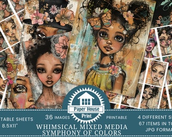 Symphony of Colors Whimsical Afro Girls Junk Journal pages, Whimsical Ephemera, Whimsical Junk Journal Papers, Whimsical Digital Papers Girl