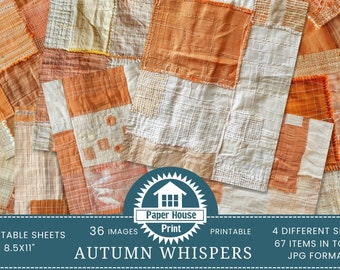 Autumn Whispers: Orange Linen Patchwork Background Images, Scrapbook images, Linen Fabric texture, Linen Papers, Fabric Print