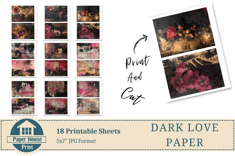 Carta digitale Dark Love, carta di sfondo gotico stravagante, 36 arti digitali, 67 fogli stampabili, sfondo romantico floreale, uso commerciale immagine 6