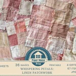 Whispering Petals: Immagini di sfondo patchwork in lino rosa antico, Immagini di album, Texture di tessuto di lino, Carte digitali in lino, Stampa su tessuto
