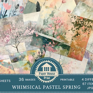 Printemps technique mixte, Arrière-plans printaniers fantaisistes, Kit de carnet printanier pastel artistique fantaisiste, Feuilles de collage, Cartes d'invitation, Cartes ATC