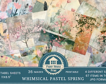 May include: A collection of 36 digital papers featuring whimsical pastel spring designs. The papers are in JPG format and come in 4 different sizes, totaling 67 items. The papers are printable on 11x8.5 inch sheets.