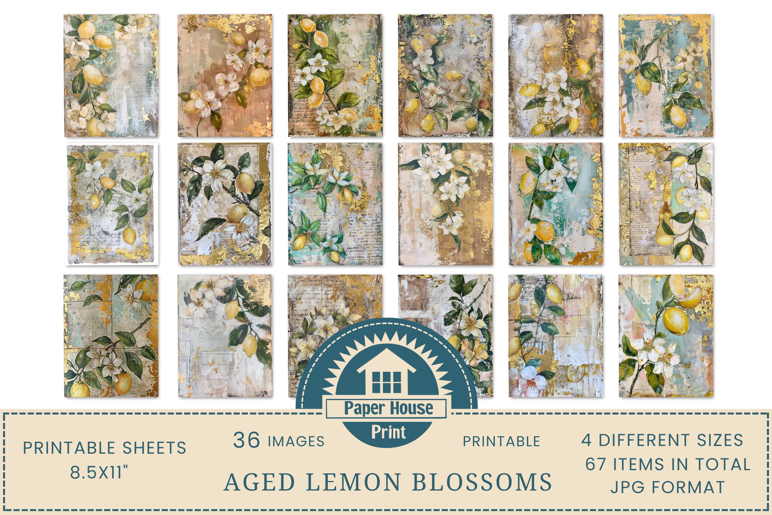 Aged Lemon Blossoms Printable Paper, Fresh Lemons Vintage Junk Journal ...