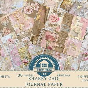 Pagine di diario Shabby Chic Junk, confezione di carta digitale, forniture per diario, romantici motivi floreali in pizzo con toni pastello e tela di iuta dorata
