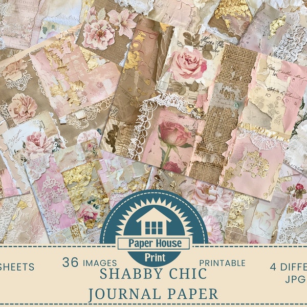 Shabby Chic Junk Journal Pages, Digital Paper Pack, Journaling Supplies, Romantic Pastel Tone Lace Embellished Floral Motifs Gold Burlap