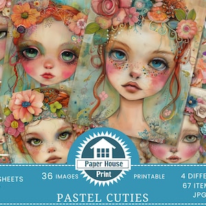 Pastel Cuties: ragazze con tecniche miste, carta per album digitale, download digitale, diario d'arte, materiale effimero del diario spazzatura, materiale effimero digitale, carta