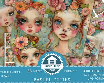 Pastelkleur schatjes: mixed media meisjes, digitaal plakboekpapier, digitale download, Art journaling, kortstondige ongewenste dagboeken, digitale kortstondige gebeurtenissen, papier