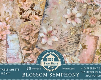 Blossom Symphony Floral Junk Journal Papers, Creazione di carta, Download digitale, Shabby Chic, Documenti stampabili, Carte ATC, Biglietti d'invito