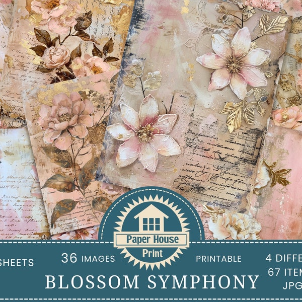 Blossom Symphony Floral Junk Journal Papers, Paper Crafting, Digital Download, Shabby Chic, Printable Papers, ATC cards, Invitation Cards