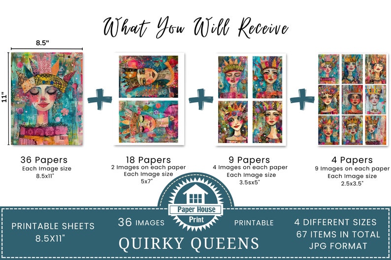 Immagini di sfondo colorato di Whimsical Queens, Quirky Queens Junk Journal, Whimsical Girls with Crown, file JPEG stampabili, pagina Junk Journal immagine 2