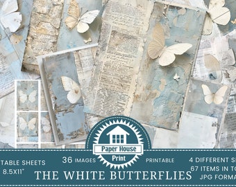 White Butterflies Junk Journal Paper Pack, White and Baby Blue Printable Paper, Mixed Media Butterfly Collages, ATC cards, Invitation Cards