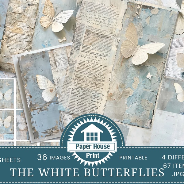 White Butterflies Junk Journal Paper Pack, White and Baby Blue Printable Paper, Mixed Media Butterfly Collages, ATC cards, Invitation Cards