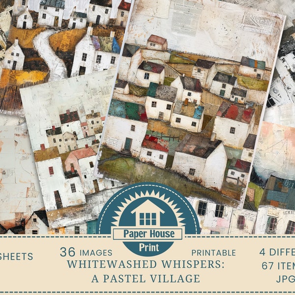 Whitewashed Whispers: A Pastel Village, Whimsical Houses Printable Paper, Junk Journal Paper, Mixed Media Background Abstract Digital Print