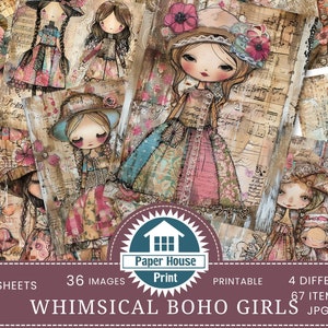Pagine del diario spazzatura Whimsical Girls Symphony of Colors, carta digitale Whimsical Boho Girls, effimeri Whimsical, carte per diario spazzatura Whimsical