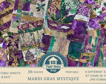 Mardi Gras Mystique Junk Journal Pages, pages du mardi gras, kit de journal indésirable Fleur de lys, carte, 36 arts numériques, 67 feuilles imprimables