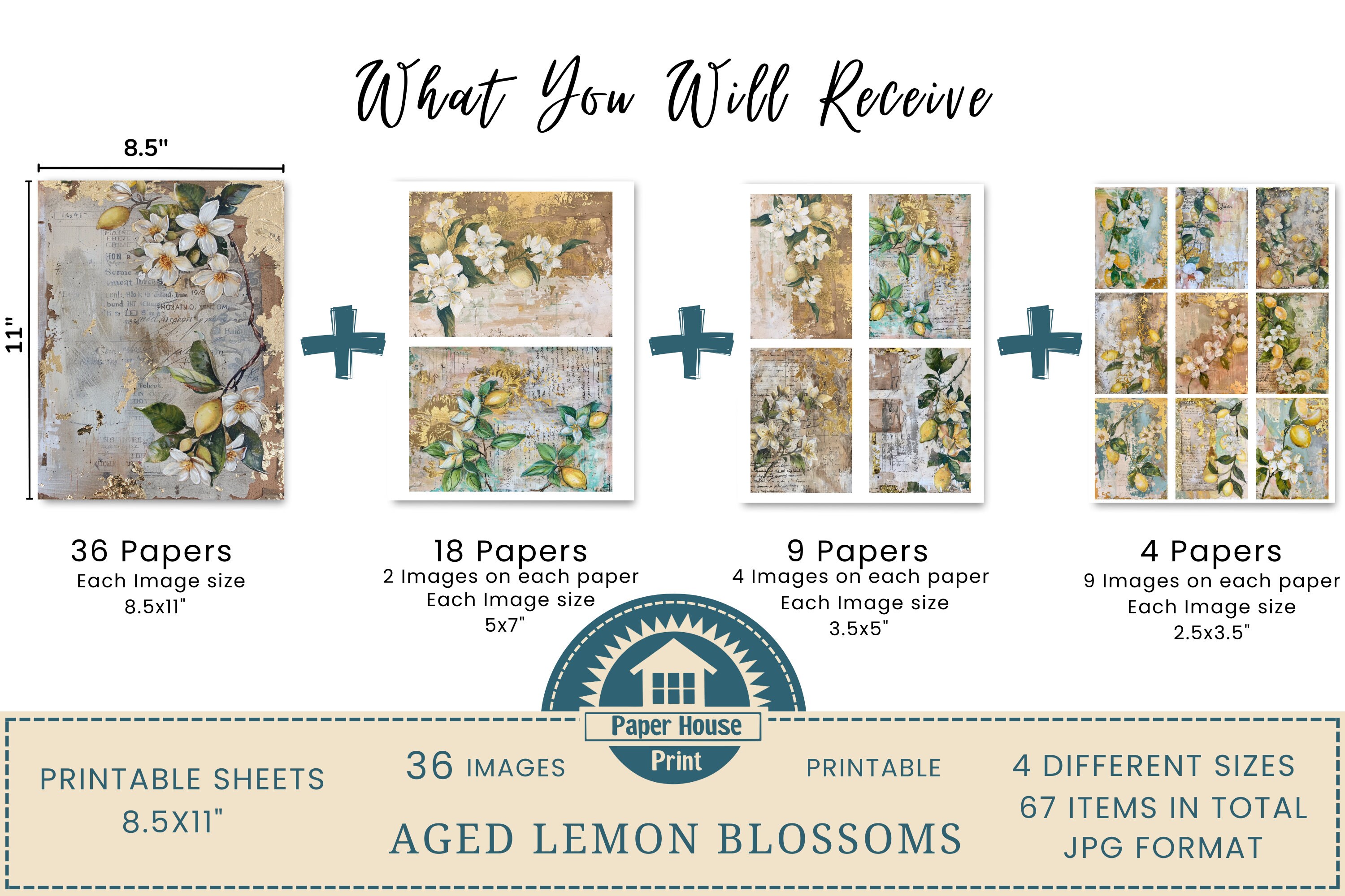 Aged Lemon Blossoms Printable Paper, Fresh Lemons Vintage Junk Journal ...