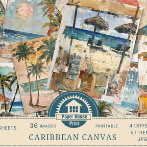 Carte digitali Caribbean Canvas, Palme, Carta Junk Journal, Carta grunge, Carta da spiaggia vintage, Carta da resort stampabile, Stampa digitale