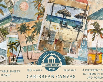 Carte digitali su tela caraibica, palme, carta Junk Journal, carta Grunge, carta da spiaggia vintage, carta resort stampabile, stampa digitale