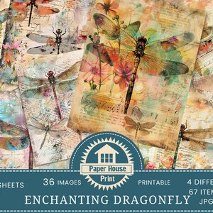 Enchanting Dragonflies Mixed Media, Paper, Dragonfly Junk Journal Printable, Digital Pages, Dragonflies Scrapbook, ATC Card, Invitation Card