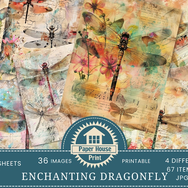 Enchanting Dragonflies Mixed Media, Paper, Dragonfly Junk Journal Printable, Digital Pages, Dragonflies Scrapbook, ATC Card, Invitation Card