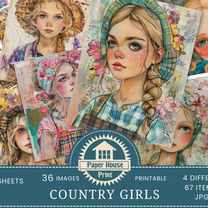 Supports mixtes, pages de journal indésirable pour les filles de la campagne, papiers imprimables Whimsical Girls, éphémères fantaisistes, papiers de journal indésirable lunatique, ATC