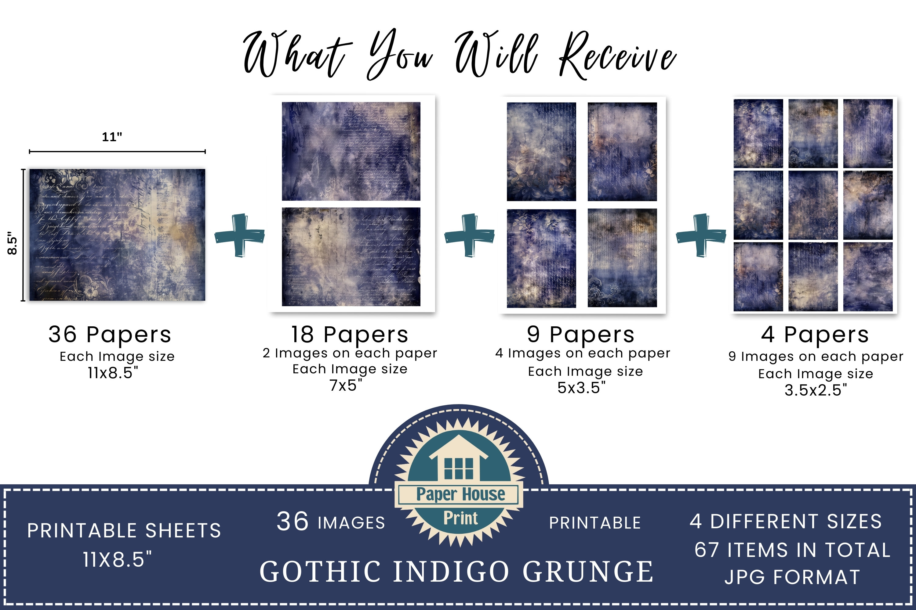 Indigo Scripts & Gothic Junk Journal Papers, Digital Paper, Digital ...