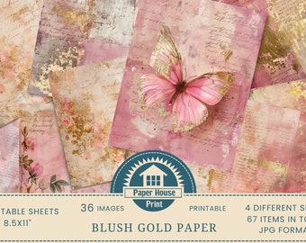 Papier numérique blush doré, papier de fond rose doré, 36 arts numériques, 67 feuilles imprimables, papier de journalisme, scrapbooking, papier imprimable