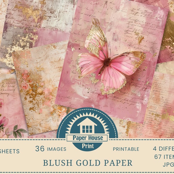 Blush Gold digital paper, pink Gold background paper, 36 Digital Arts, 67 Printable Sheets, Journaling Paper, Scrapbooking, Printable paper