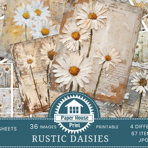 Kit diario vintage Daisy, pagine di diario spazzatura digitale, effimeri di diario stampabili, artigianato di carta, foglio di collage di fiori antichi, stampa floreale
