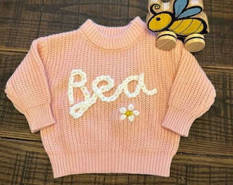 Custom lettering hand embroidered sweater