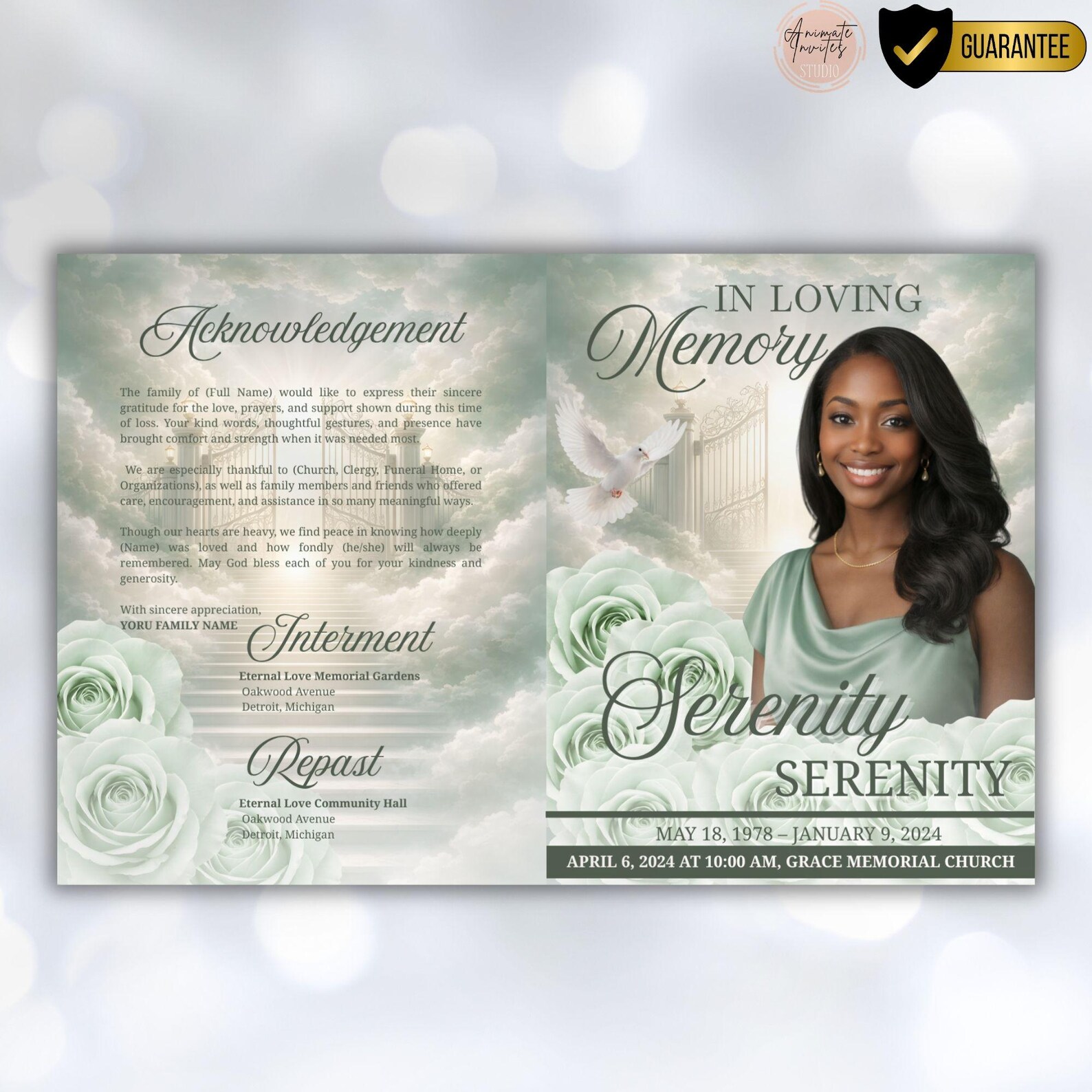 Green Roses Funeral Program Template Heaven, 8 Pages Celebration of ...