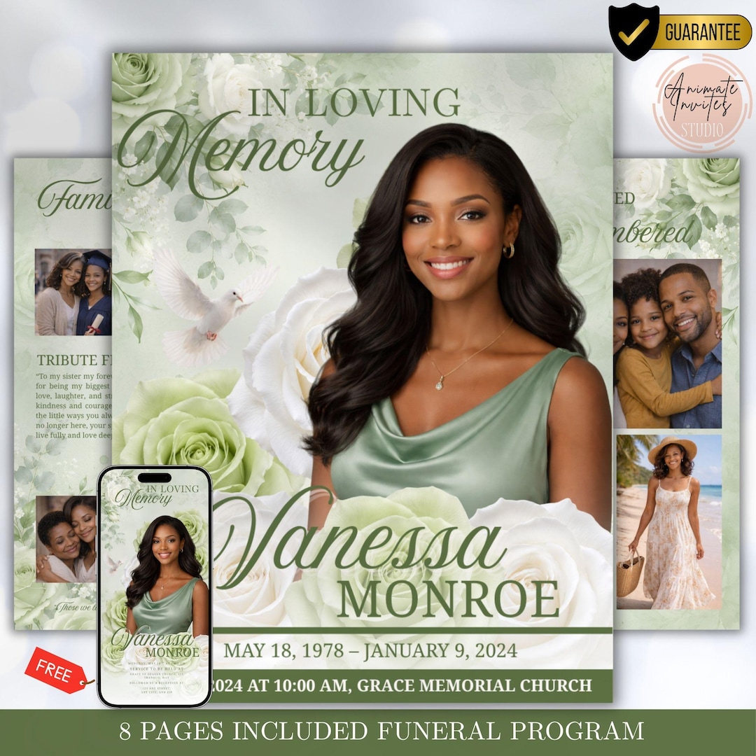 Green & White Roses Funeral Program Template, 8 Pages Celebration of ...