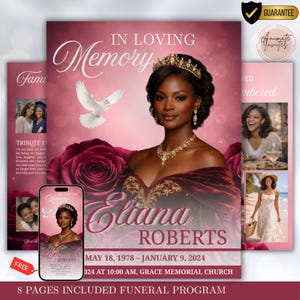 Può includere: Un modello di programma funebre con un ritratto di una donna con corona e gioielli, su sfondo rosa con una rosa e una colomba. Il programma include il nome "Eliana Roberts" e le date, con il testo "In Loving Memory".