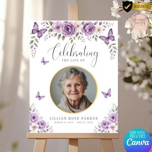 Purple Butterfly & Floral Funeral Welcome Sign Template, Editable Canva Memorial Poster, In Loving Memory Celebration of Life Sign for Women