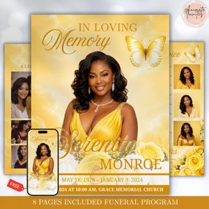 Funeral Program Template, 8 Page Celebration of Life, Yellow Butterfly Roses Bi-Fold Brochure (Canva Template, Digital Download)