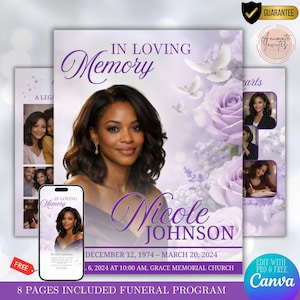Könnte beinhalten: Ein Trauerprogramm mit einem Porträt einer Frau, dem Text "In Loving Memory" und dem Namen "Nicole Johnson". Das Design umfasst lila Rosen, Tauben und die Daten 12. Dezember 1974 - 20. März 2024. Das Programm wird mit 8 Seiten beworben.