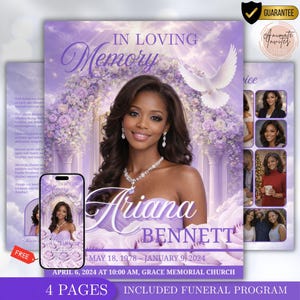May include: A funeral program design with a portrait of a woman, Ariana Bennett, in a lavender color scheme. The design includes the text "In Loving Memory", the dates May 18, 1978 - January 9, 2024, and the date and time of the service.