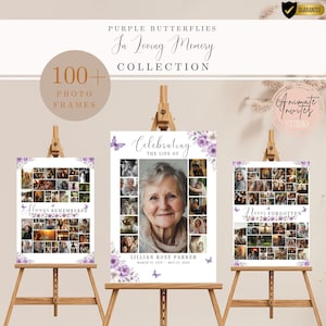 May include: Three memorial photo frames on wooden easels. The frames feature a collage of photos, purple butterfly accents, and text that reads "Always Remembered", "Celebrating the Life of Lillian Rose Parker", and "Never Forgotten". The collection is titled "Purple Butterflies In Loving Memory".
