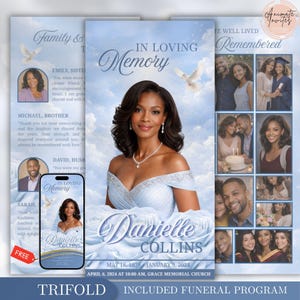 May include: A trifold funeral program template featuring a light blue sky background with white clouds and doves. The design includes a central portrait of a woman in a light blue dress, the text In Loving Memory, Danielle Collins, and dates.
