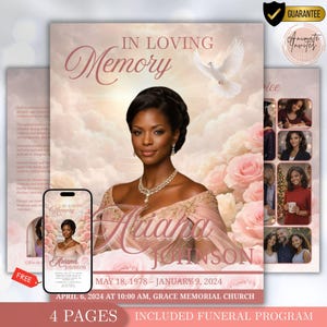 May include: A funeral program featuring a woman's portrait, pink roses, and a dove illustration. The program includes the text "In Loving Memory" and the name "Ariana Johnson" with dates and service details. A phone displays the program.